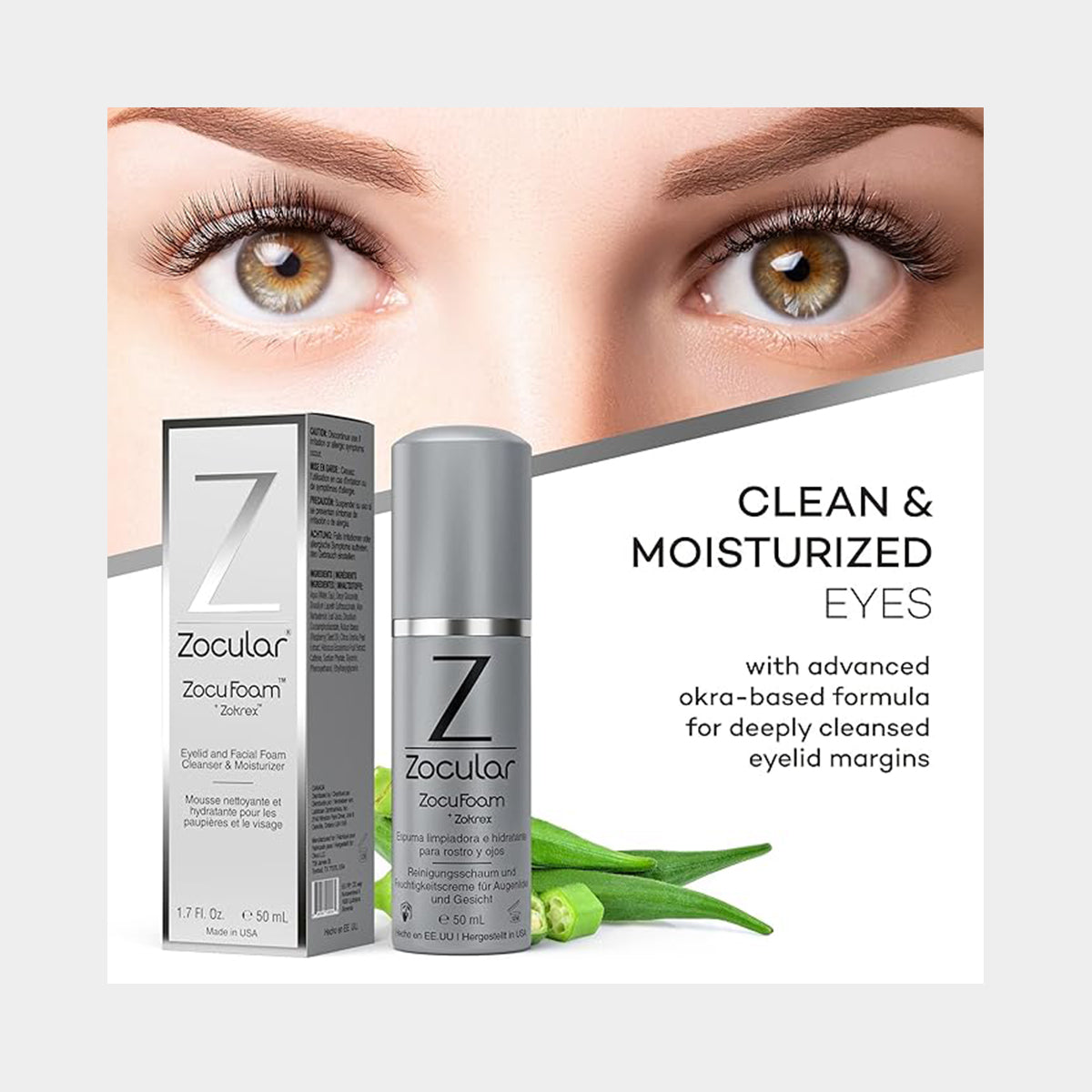 Zoculars ZocuFoam Eyelid Cleanser (3-month supply) features an innovative okra-based formula for clean, moisturized eyes, offering a deep cleanse for eyelid margins and relief from dry eyes.
