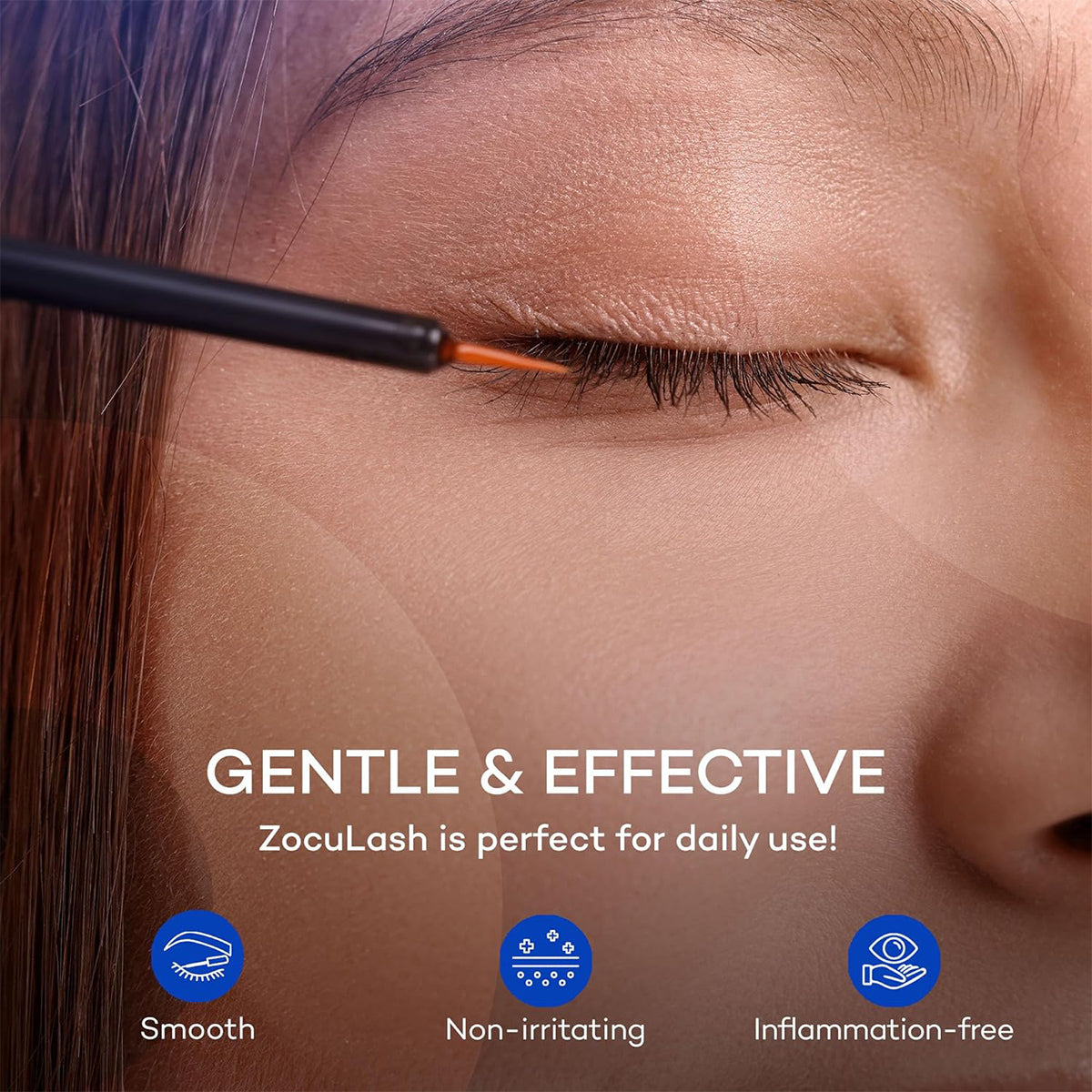 A person applies Zoculars ZocuLash Eyelash Enhancing Serum with a thin brush on a closed eye. Text highlights its gentle, effective formula that now boosts lash health, making it ideal for daily use. Icons indicate it is smooth, non-irritating, and free from inflammation.