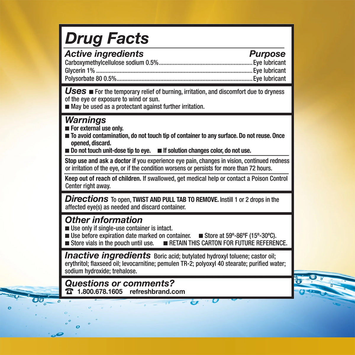 Abbvies Refresh Optive MEGA-3 Lubricant Eye Drops label highlights drug facts, featuring active ingredients Carboxymethylcellulose sodium and Glycerin for dry eye relief. Includes uses, warnings, directions, and details on a lipid-enhanced formula against a backdrop of water bubbles.