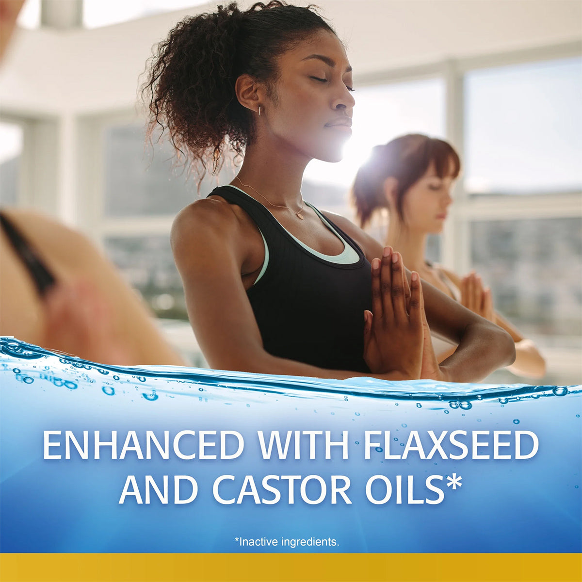 In a bright room, a woman stands in a yoga pose, hands in prayer position. Behind her are two blurred figures. Text below reads: Abbvie Refresh Optive MEGA-3 Lubricant Eye Drops offer lipid-enhanced relief with flaxseed and castor oils for dry eyes.