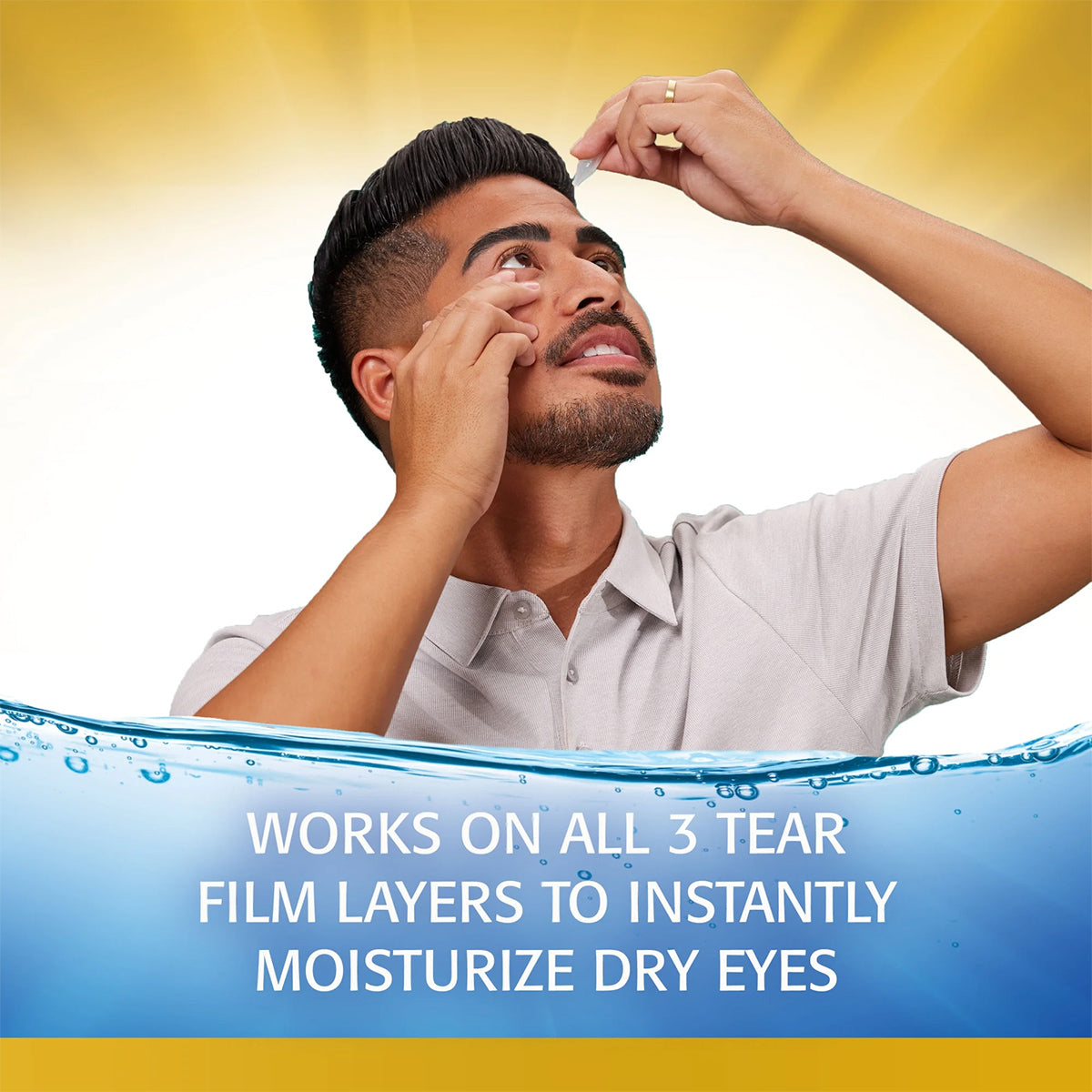 A man lifts his head to use Refresh Optive MEGA-3 Lubricant Eye Drops by Abbvie, shown against a sunburst backdrop. Text: Works on all 3 tear film layers to instantly moisturize dry eyes, with lipid-enhanced relief, is displayed on a blue and yellow background.
