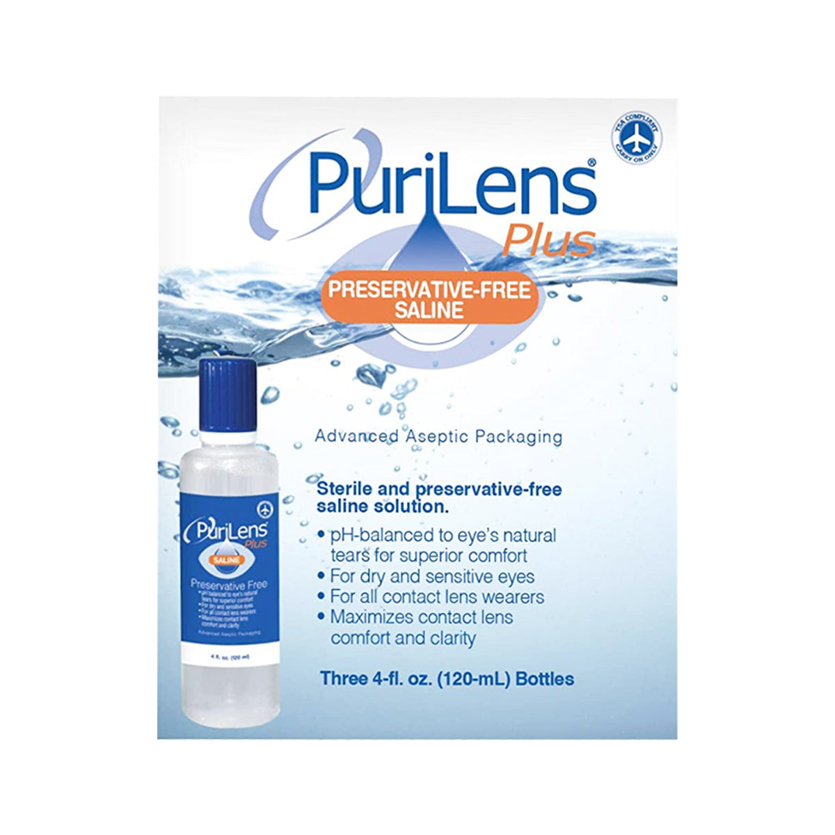 Image of the PuriLens Plus Preservative Free Saline box by Purilens, highlighting its sterile and comfortable formula. Perfect for dry, sensitive eyes, it includes three 4-fl. oz. bottles with a water drop design—ideal for those seeking gentle eye care solutions.