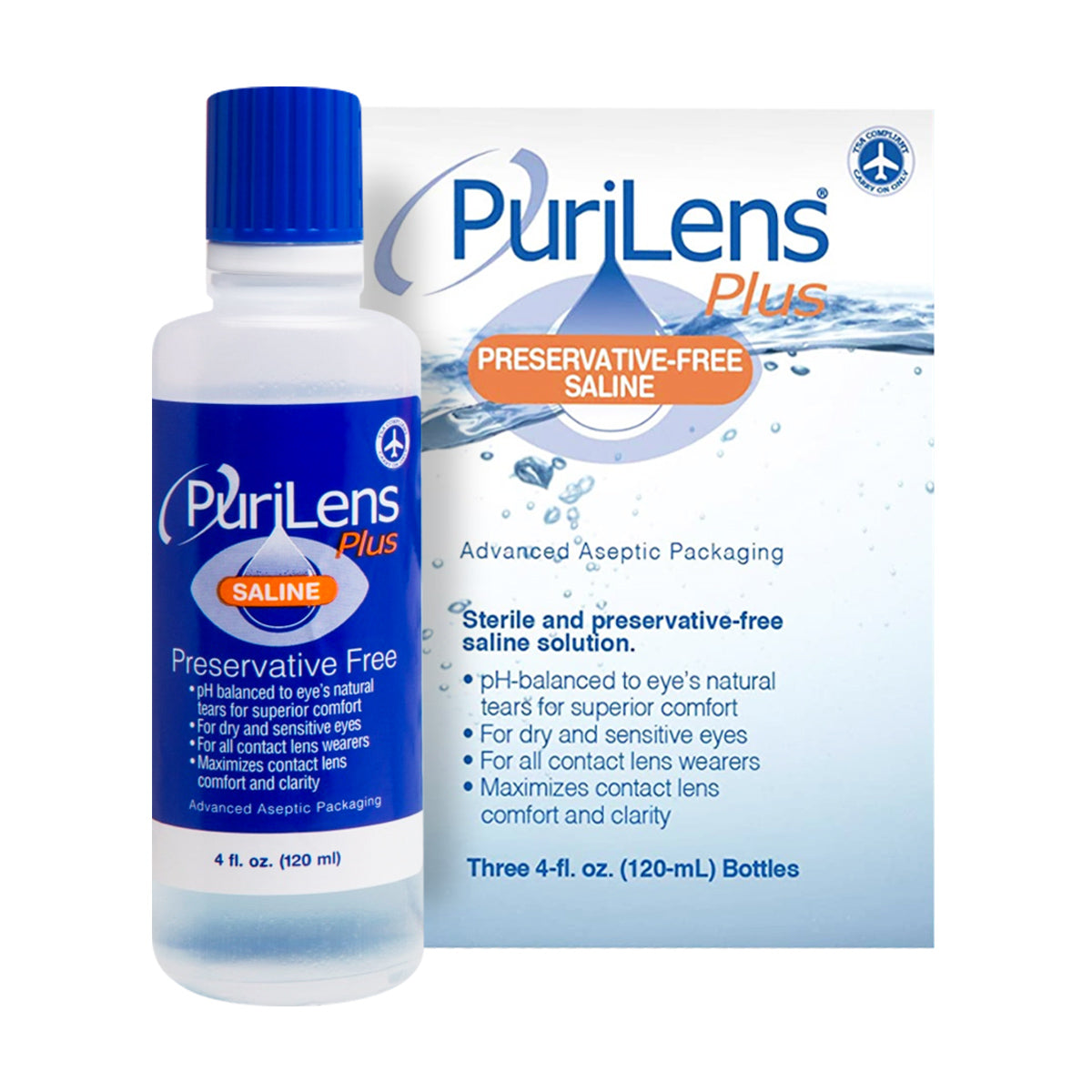 Image of Purilens PuriLens Plus saline solution bottle and box, designed for contact lenses. Labeled Preservative Free, its perfect for sensitive eyes. The packaging highlights its pH balance, comfort, and sophisticated aseptic features.