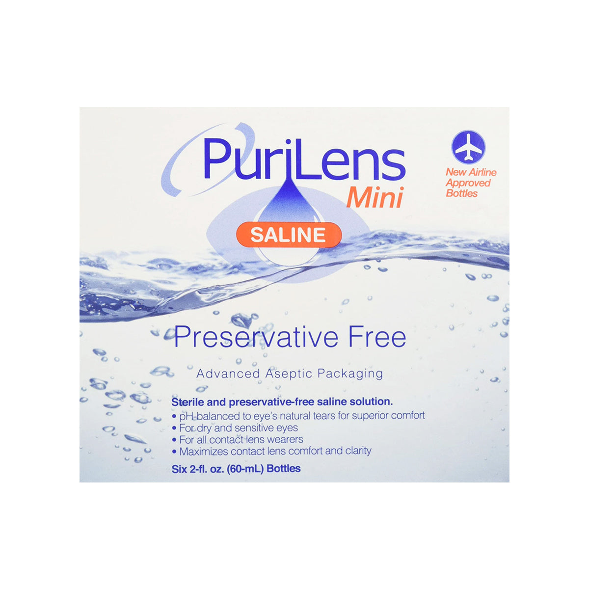 Image of a white and blue PuriLens Plus Preservative Free Saline box. Text features Preservative Free, Sterile and preservative-free saline solution, ideal for sensitive eyes, with New Airline Approved Bottles. Lower section states 2 fl. oz. (60 mL) bottles from Purilens.