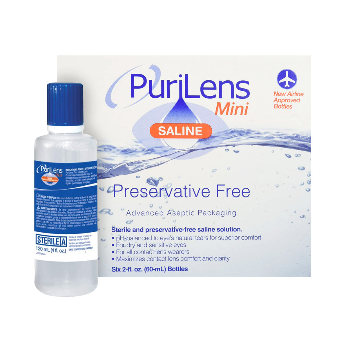 Image of PuriLens Plus Preservative Free Saline package and bottle. The packaging highlights Preservative Free, Advanced Aseptic Packaging, and New Airline Approved Bottles, making it ideal for sensitive eyes.