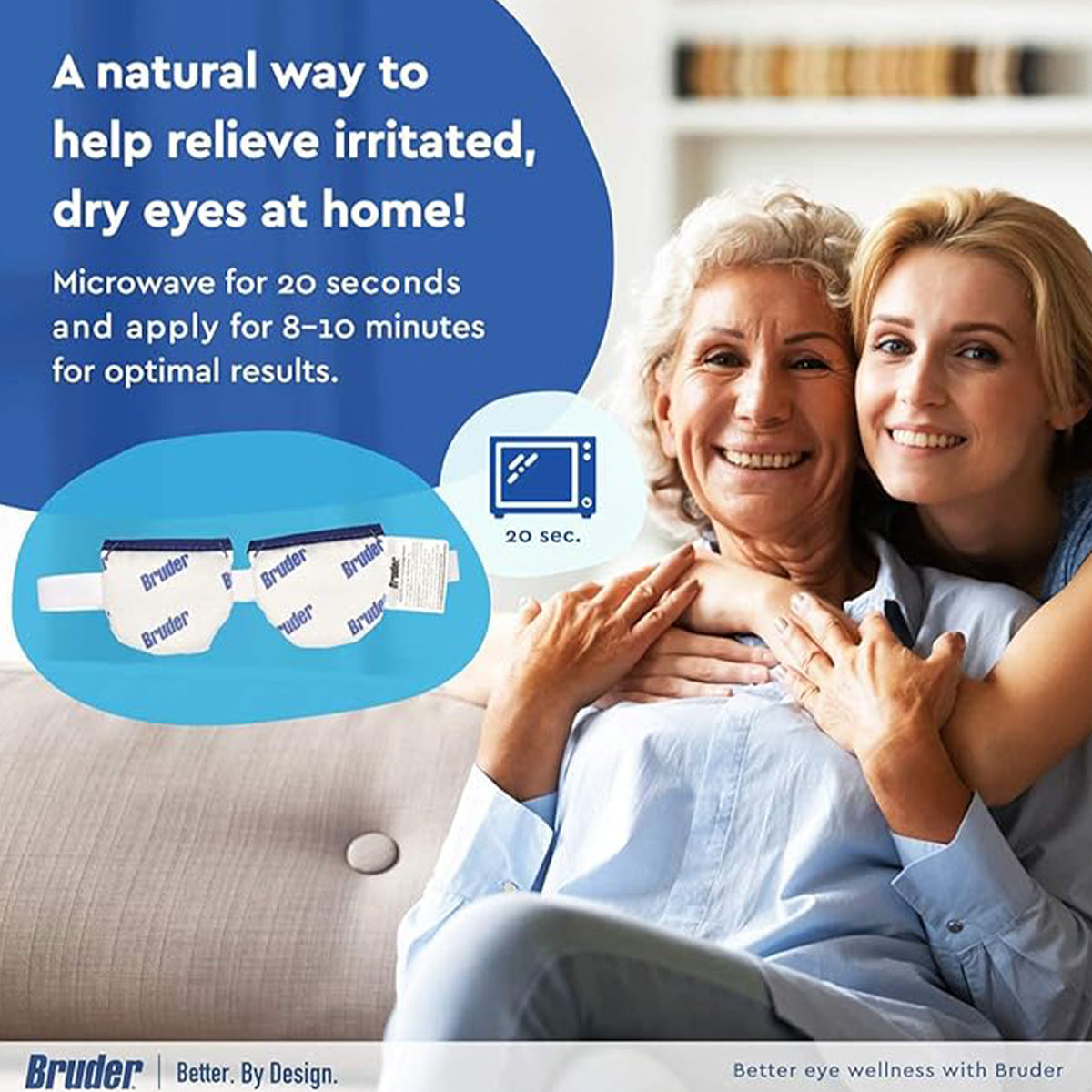 A smiling older woman and younger woman embrace on a couch. An inset displays the Bruder Mask Moist Heat Dry Eye Compress with instructions to microwave for 20 seconds and apply for 8–10 minutes. Blue text emphasizes soothing dry eye relief, ideal for blepharitis sufferers.