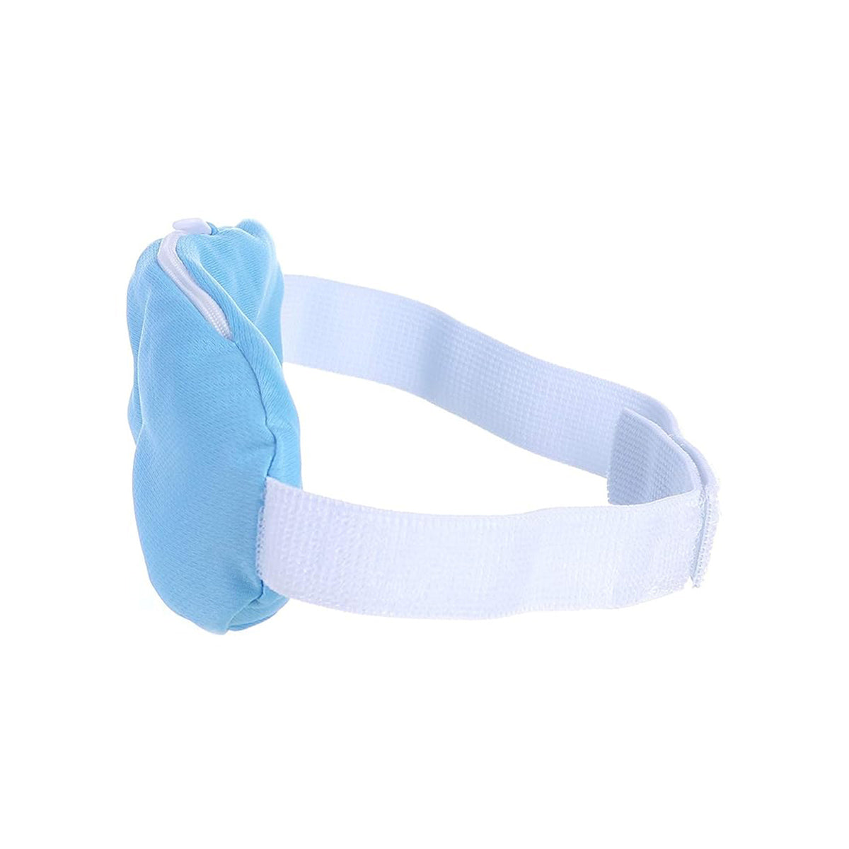 The OcuSci microwavable Heat Mask in light blue features a side zipper, white adjustable elastic strap, and antimicrobial material. Displayed from a side angle against a plain white background.