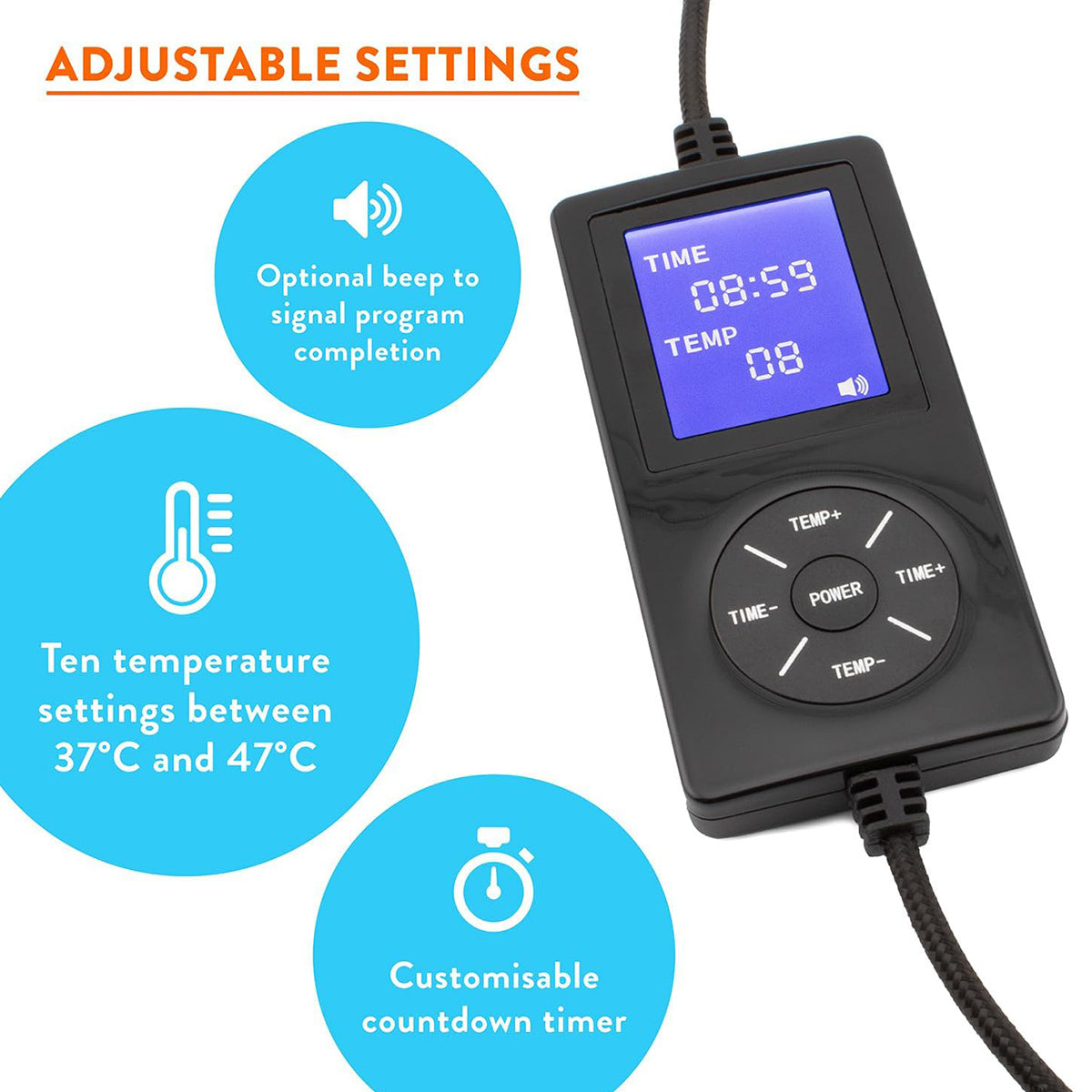 The Wizard Research USB Heated Eye Masks remote features a blue digital display showing time and temperature settings, with buttons for power and temperature adjustment. It offers adjustable settings, a customizable timer, an optional completion beep, and is powered by advanced graphene infrared technology.