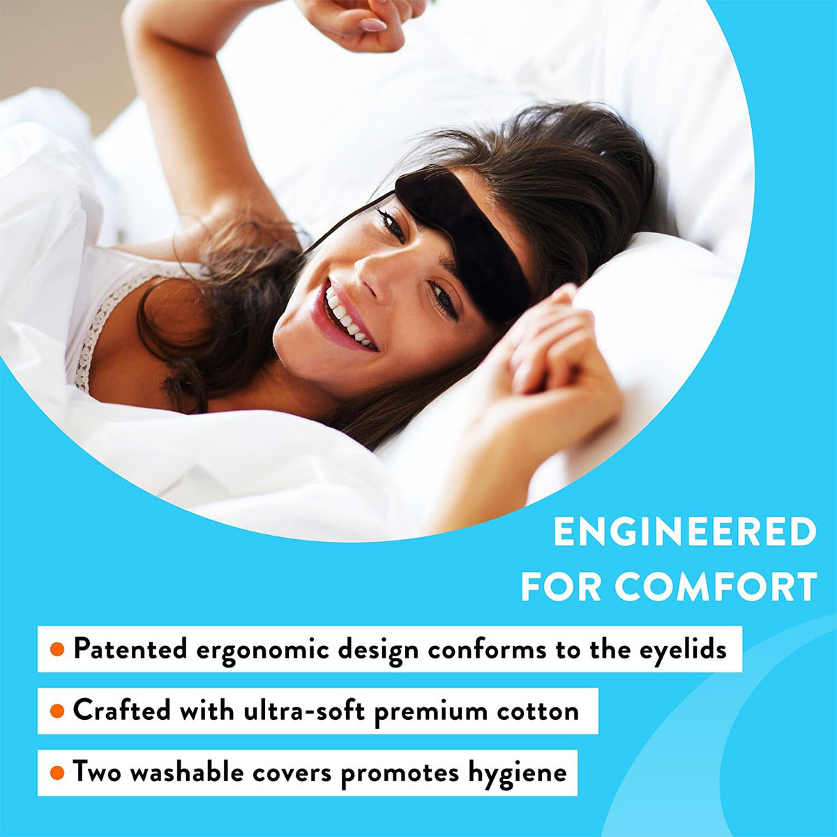 A woman smiles in bed wearing a Wizard Research USB Heated Eye Mask. Against a blue backdrop, the text highlights its ergonomic design, ultra-soft premium cotton, and washable covers for hygiene. Enhance relaxation with graphene infrared technology. Engineered for comfort.