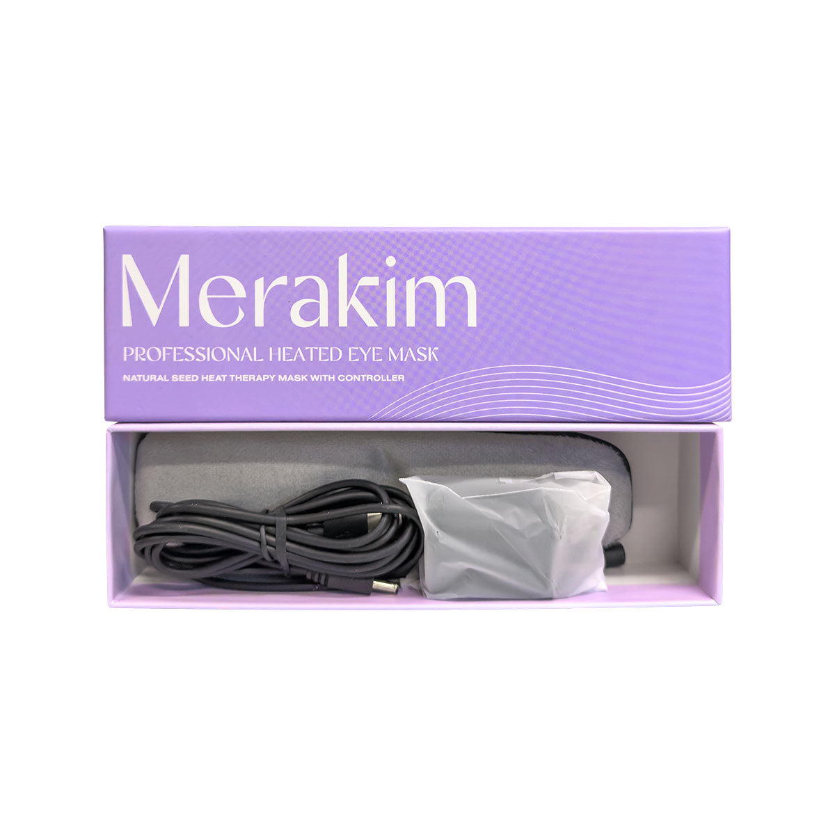 The Merakim Professional USB Heat Eye Mask, presented in a purple box, features natural bead heat therapy with a controller for tear film stability. The open box shows the eye mask, a USB cord, and an instruction leaflet, offering convenience for dry eyes and fatigue relief.