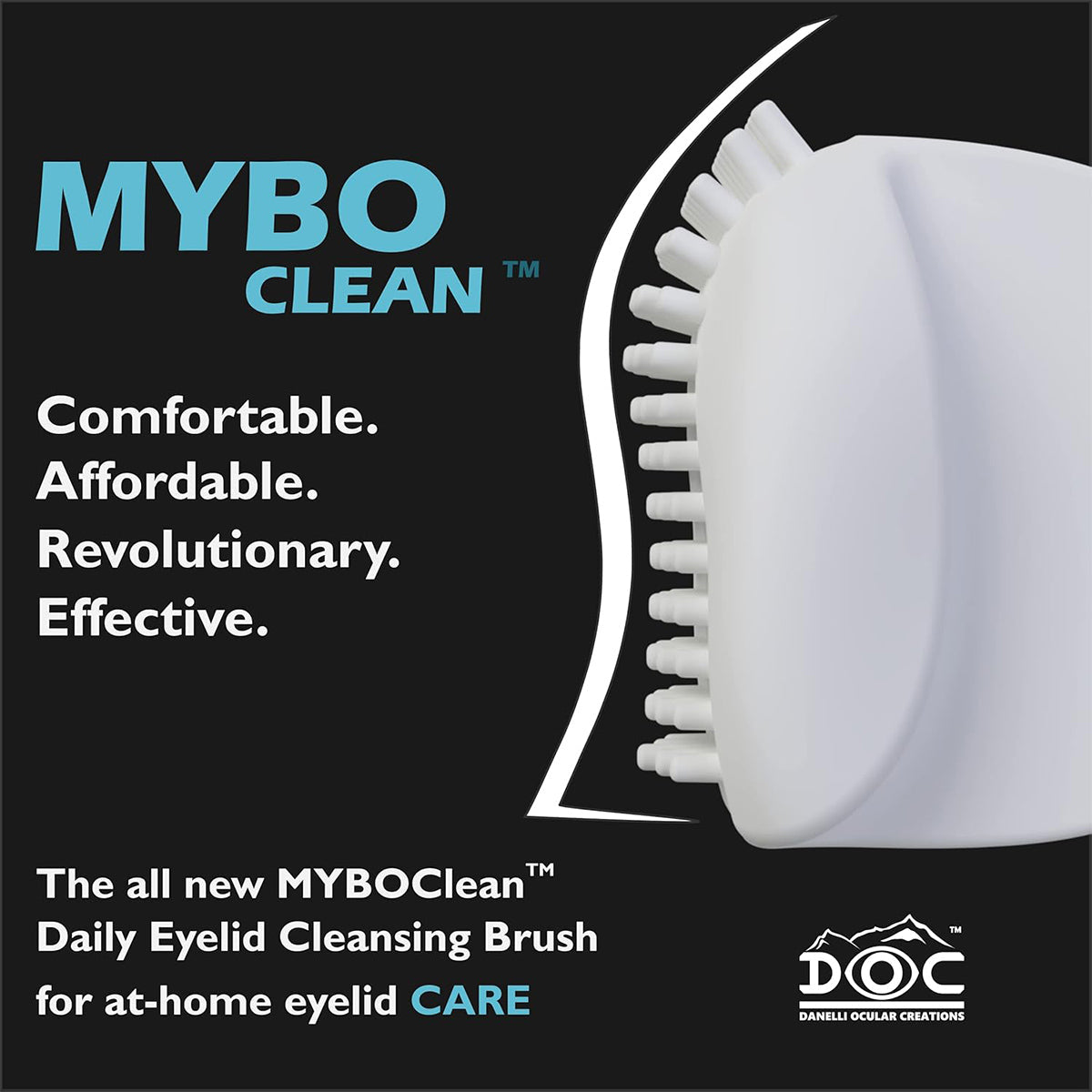 Close-up of MyboClean On the Go Brush with Hydrating Gel + Travel Bag against a dark background. Text reads: Comfortable. Affordable. Revolutionary. Effective. and The all-new MyboClean On the Go Brush for at-home eyelid hygiene. Logo: DOC. Travel-friendly convenience for everyday use.