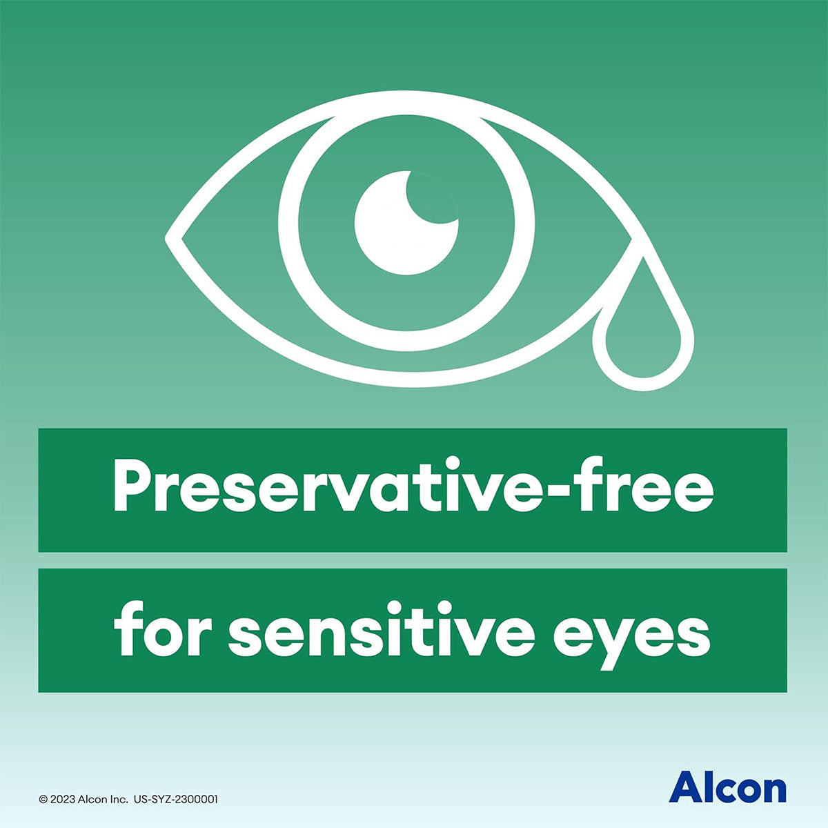 An illustration of a teary eye on a green gradient background with text: Systane Ultra PF Preservative Free Dry Eye Drops for sensitive eyes. The Alcon logo is positioned at the bottom right.
