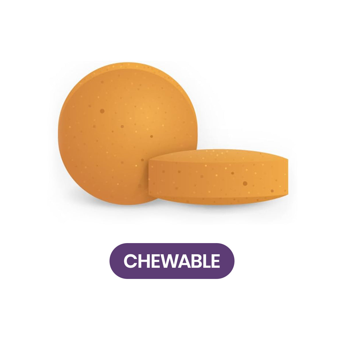 Two round, speckled orange chewable tablets are displayed on a plain background. Below them, a purple label reads CHEWABLE in white. These Focus Select Citrus Chewable AREDS2 Based Formula by Focus Vitamins support macular health as an eye supplement similar to AREDS2.