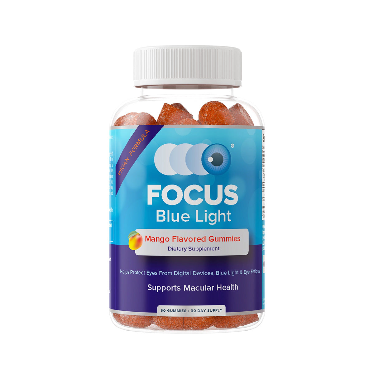 Focus Vitamins Focus Blue Light Mango Flavored Gummies offer lutein and zeaxanthin for eye health, protecting against digital devices and blue light to reduce eye fatigue. Each bottle, containing 60 gummies, provides a one-month supply with a mango flavor.