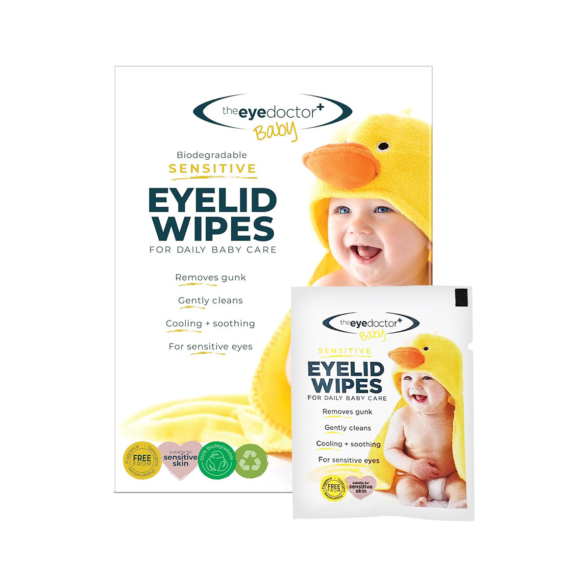 The Eye Doctor Sensitive Baby Eye Wipes feature a baby wrapped in a yellow duck towel on the packaging. They emphasize benefits like being biodegradable, preservative-free, and suitable for sensitive skin and delicate eyes, while gently removing debris and soothing sensitive eyes.