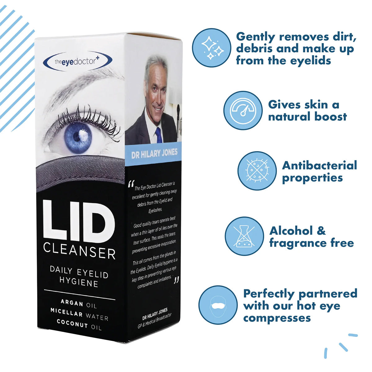The Eye Doctor Lid Cleanser – Make Up Remover 100ml highlights benefits: gently removes dirt from eyelids, offers a natural skin boost, has antibacterial properties, is alcohol-free, and complements eye compresses. Features an image of a doctor and eye close-up for trusted care.