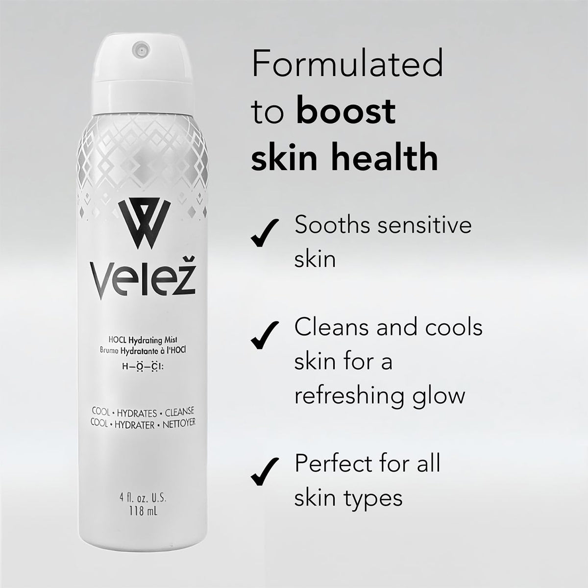 Image of a Velez Hypochlorous (HOCL) Hydrating Mist for Face and Eyelids can. Text reads: Contains Hypochlorous Acid to enhance skin health. Checkmarks list: Soothes sensitive skin, Cleans and provides a refreshing glow, Ideal for all skincare needs.