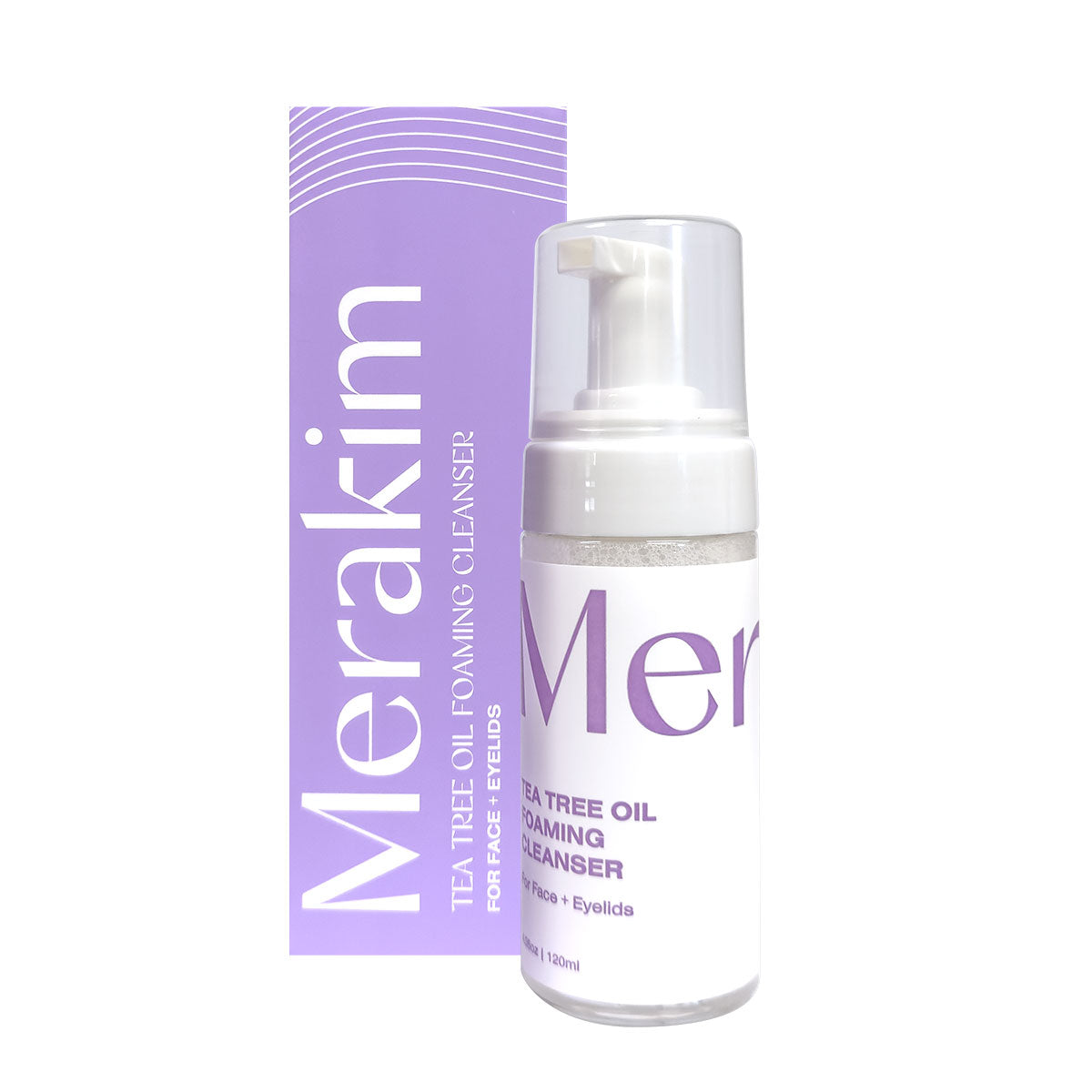 The Merakim Tea Tree Oil Foam Facial Cleanser (120mL) sits next to its purple box with white text, highlighting its use for face and eyelids. Designed to manage ocular inflammation, its pump dispenser offers easy application.