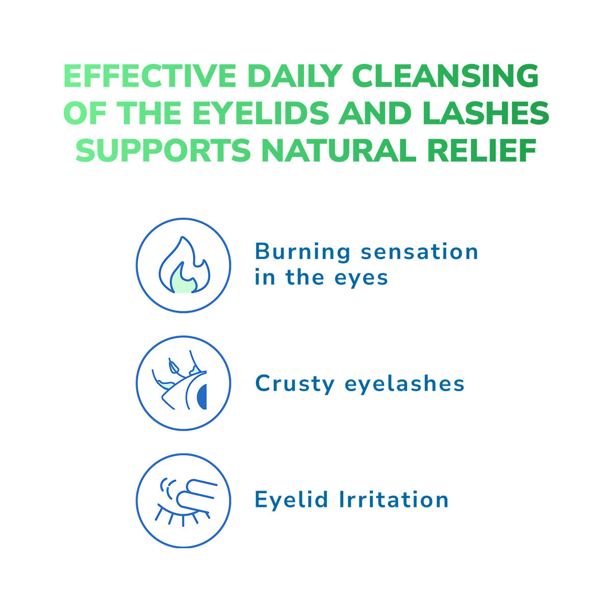 Graphic titled Effective Daily Cleansing of the Eyelids and Lashes Supports Natural Relief in green, with icons: a flame for Burning sensation in the eyes, lashes for Crusty eyelashes, and an eye for Eyelid Irritation. Promotes Optase preservative-free Optase Tea Tree Oil Eye Lid Cleansing Gel (50mL) for optimal comfort.