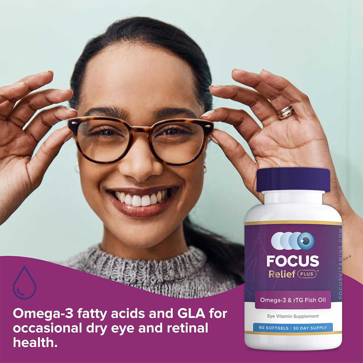 A woman smiles, adjusting her glasses with a bottle of Focus Vitamins Focus Relief Plus Omega-3 Softgels beside her. The text reads, Omega-3 supplements for dry eye relief and retinal health.