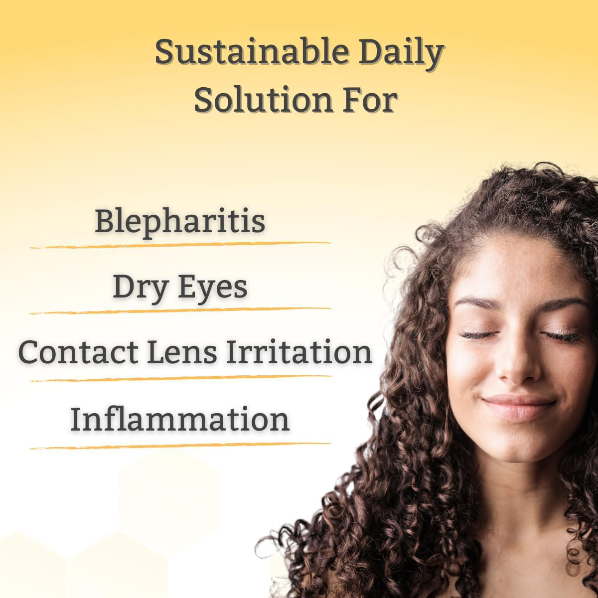A woman with curly hair smiles with closed eyes against a yellow background, next to text about TearRestore NeutraWipe Eco Manuka Honey Eyelid Wipes for sensitive eyes, blepharitis, and dry eyes. These ultra-soft, biodegradable wipes come in a 30-count package.