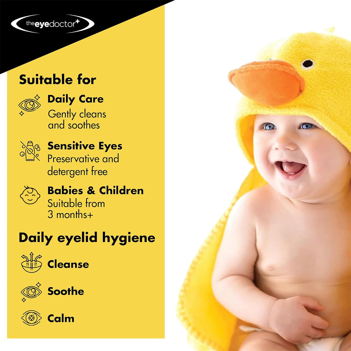 A baby in a yellow towel with a duck hood sits on the right. On the left, text highlights The Eye Doctor Sensitive Baby Eye Wipes, promoting preservative-free gentle cleansing and soothing care for sensitive eyes in children from 3 months.