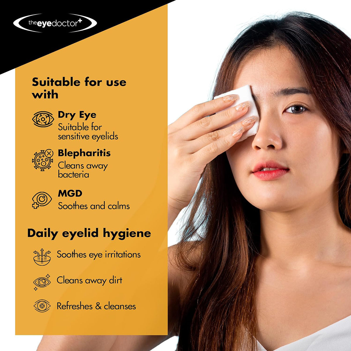 A woman holds a cloth to her eye. Text to the left highlights benefits of The Eye Doctors Biodegradable Eyelid Wipes: ideal for dry eye, blepharitis, and MGD, they promote eyelid hygiene by soothing irritation, cleaning dirt, and refreshing. Branding in the top left corner.