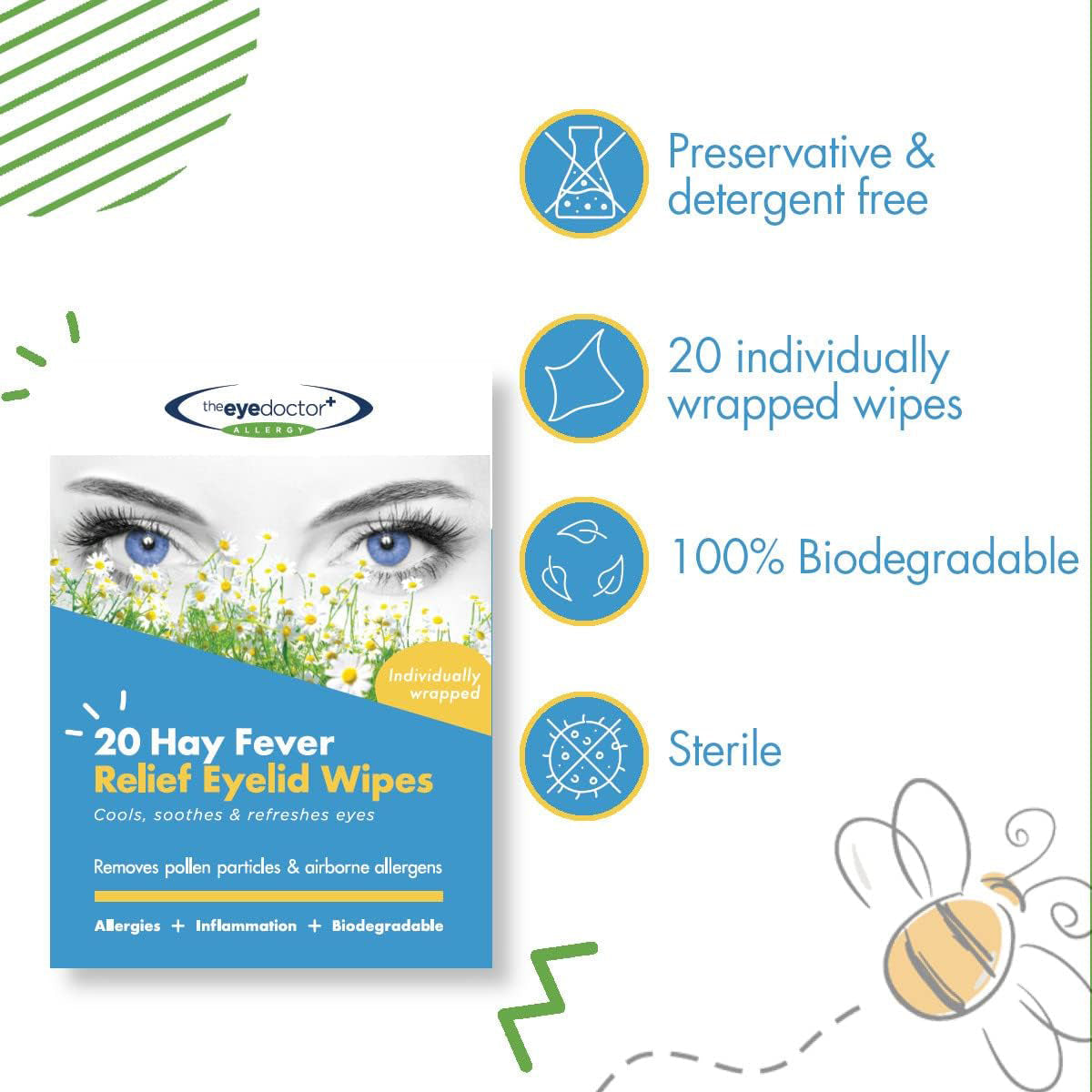 The Eye Doctor Allergy/Hay Fever Relief Eyelid Wipes (20ct) come in packaging adorned with a serene flower field, ideal for allergy-prone eyes. Benefits: preservative-free, individually wrapped, 100% biodegradable, and sterile. Icons of bees among flowers highlight features.