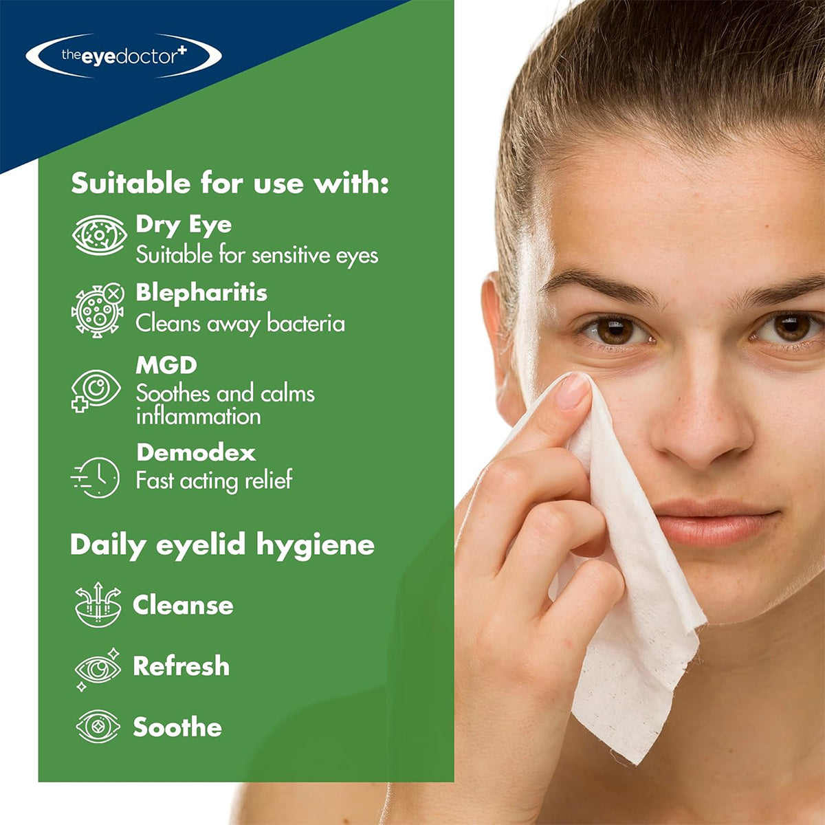 An individual using The Eye Doctor Tea Tree Oil Lid Wipes for daily hygiene benefits from soothing relief for dry eyes, blepharitis, and MGD. These wipes are perfect for cleansing, refreshing, and soothing sensitive eyes.