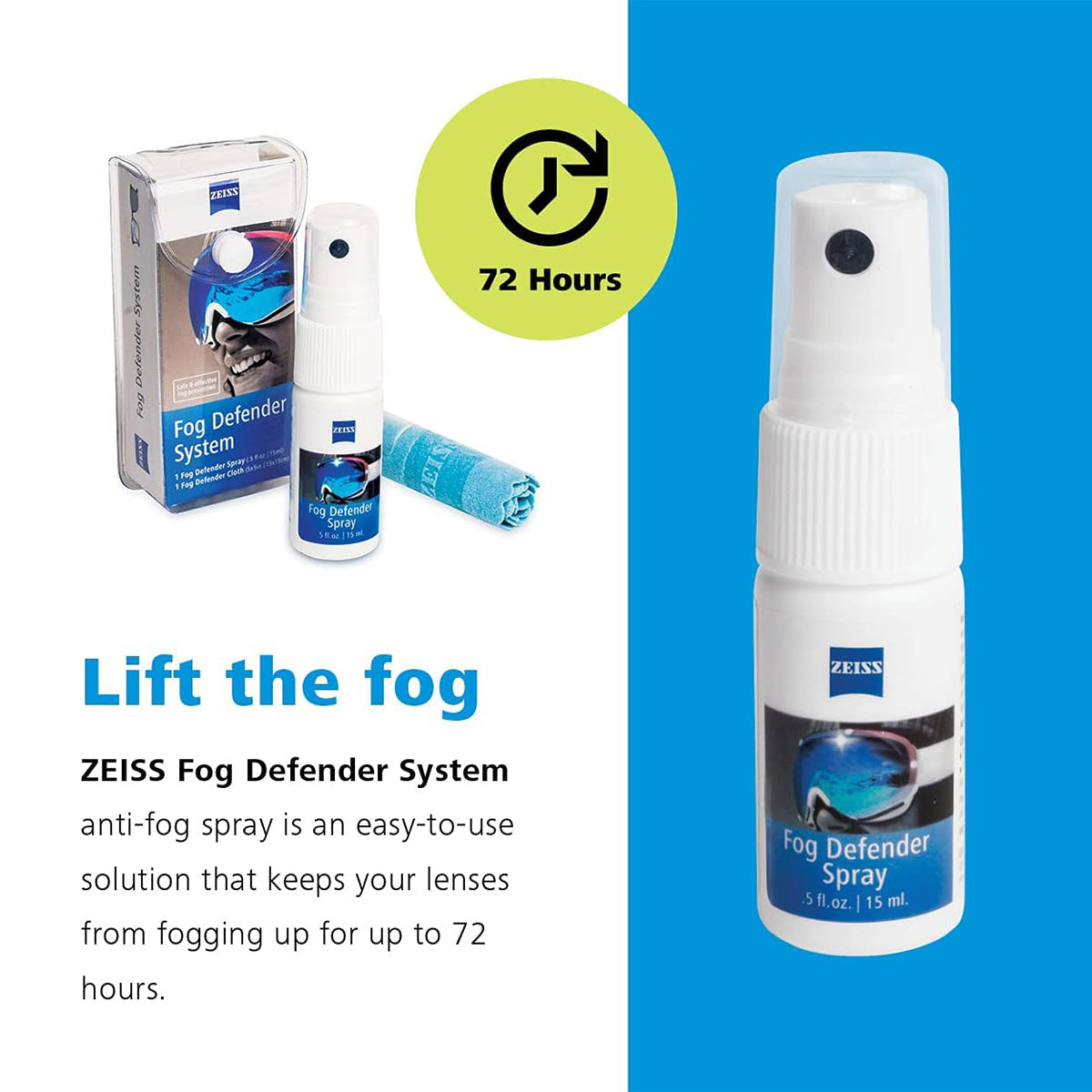 Image of ZEISS Fog Defender System anti-fog spray bottle and microfiber cloth with packaging. Text reads: Prevent fogging with the ZEISS Fog Defender System Anti-Fog Spray for Glasses by Zeiss, an easy-to-use solution that keeps your lenses clear for up to 72 hours. Blue and white color scheme.