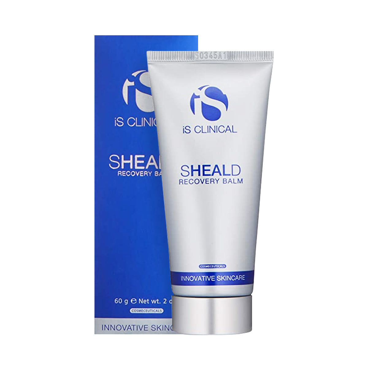 IS Clinical Sheald Recovery Balm, ideal for sensitive skin, is displayed with its blue and white box. Blue text on the white tube emphasizes its protective moisturizing function.