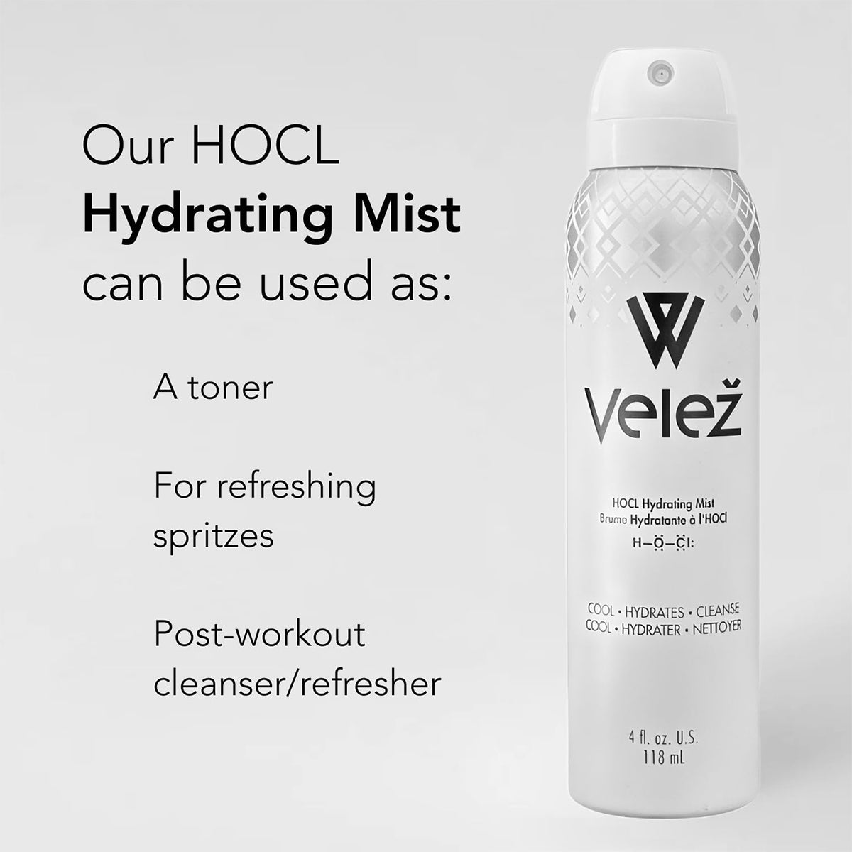 The Velez Hypochlorous (HOCL) Hydrating Mist for Face and Eyelids is a versatile 4 oz/120mL spray that acts as a toner, gives refreshing spritzes, and serves as a post-workout skincare essential with its hypochlorous acid infusion.