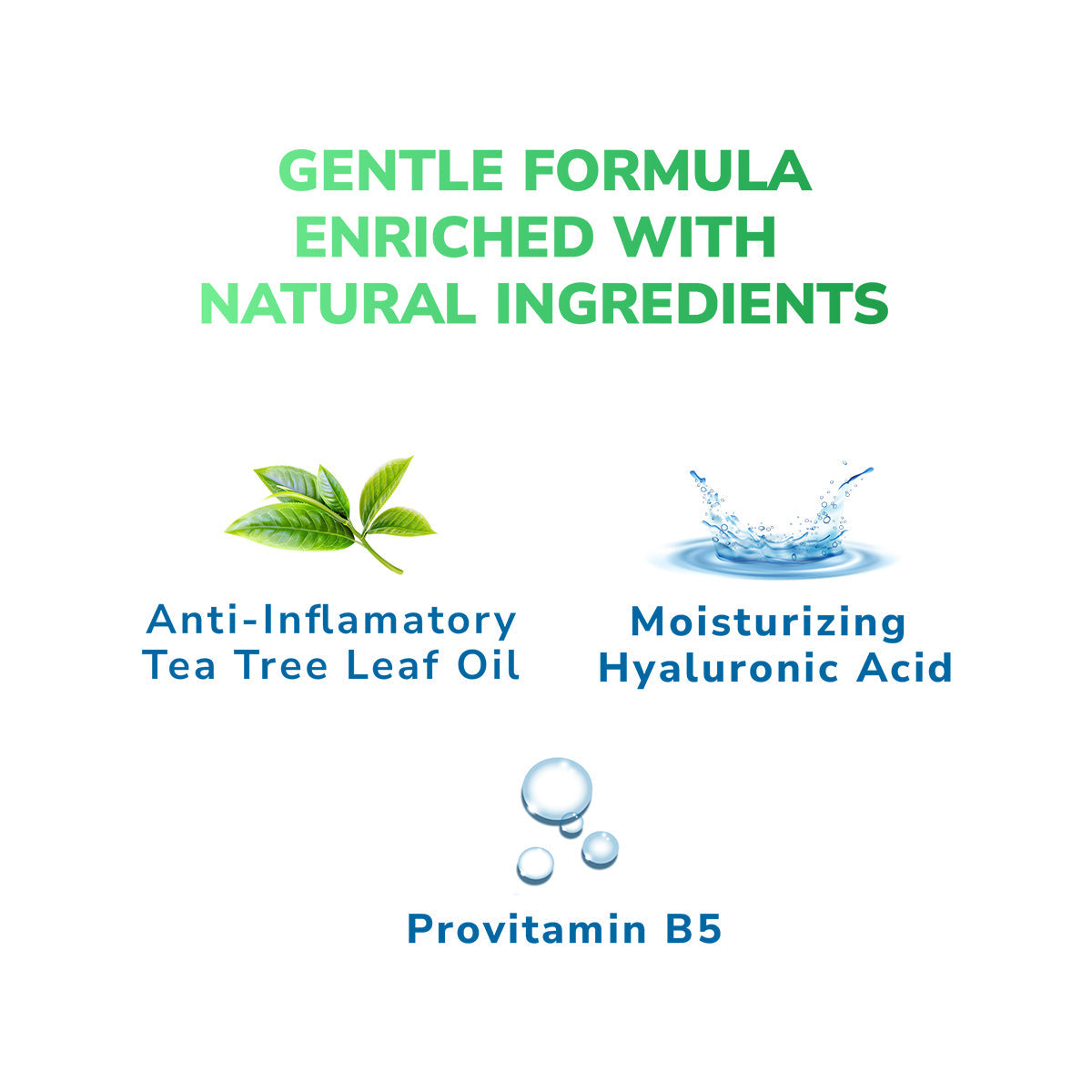 Infographic reads Gentle Formula Enriched with Natural Ingredients. Below, Tea Tree Oil (ideal for eyelid hygiene), Hyaluronic Acid (moisturizing), and preservative-free Provitamin B5 are highlighted. Experience the purity of Optase Tea Tree Oil Eye Lid Cleansing Gel (50mL).