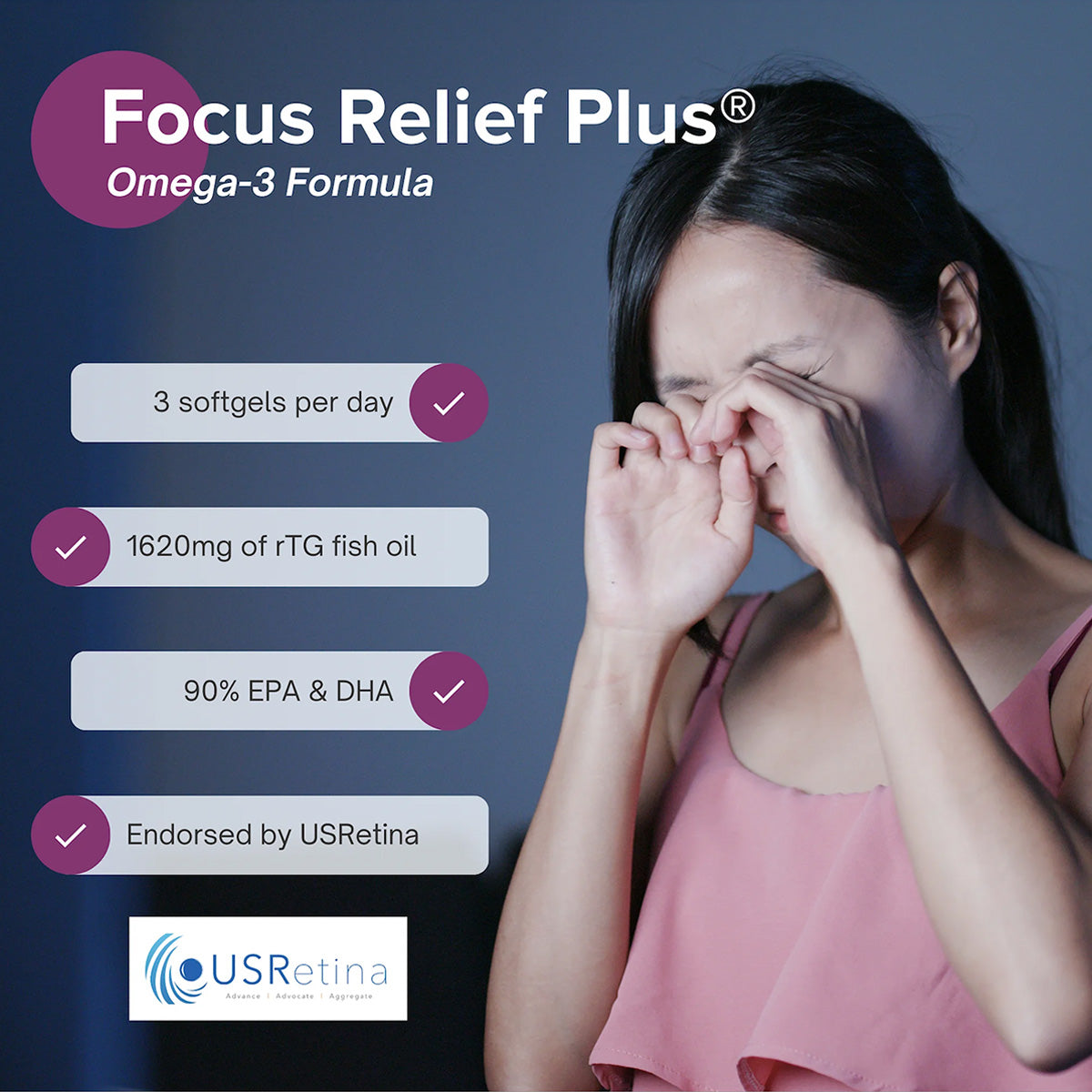 A person rubbing their eyes appears beside text promoting Focus Vitamins Focus Relief Plus Omega-3 Softgels, featuring a 30-day supply of 90 softgels with 1620mg rTG fish oil and 90% EPA & DHA for effective dry eye relief, endorsed by USRetina.