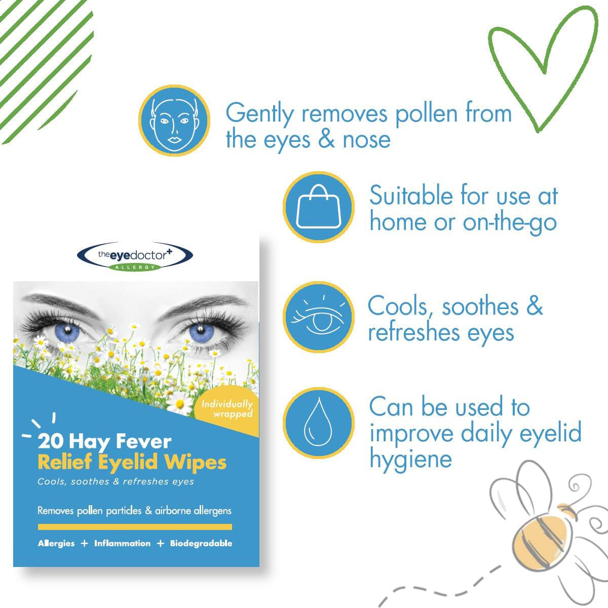 The Eye Doctor Allergy/Hay Fever Relief Eyelid Wipes (20ct) package features blue eyes over flowers, highlighting pollen removal, home or travel use, cooling and soothing effects for allergies, and improved eyelid hygiene. Ideal for allergy-prone eyes.