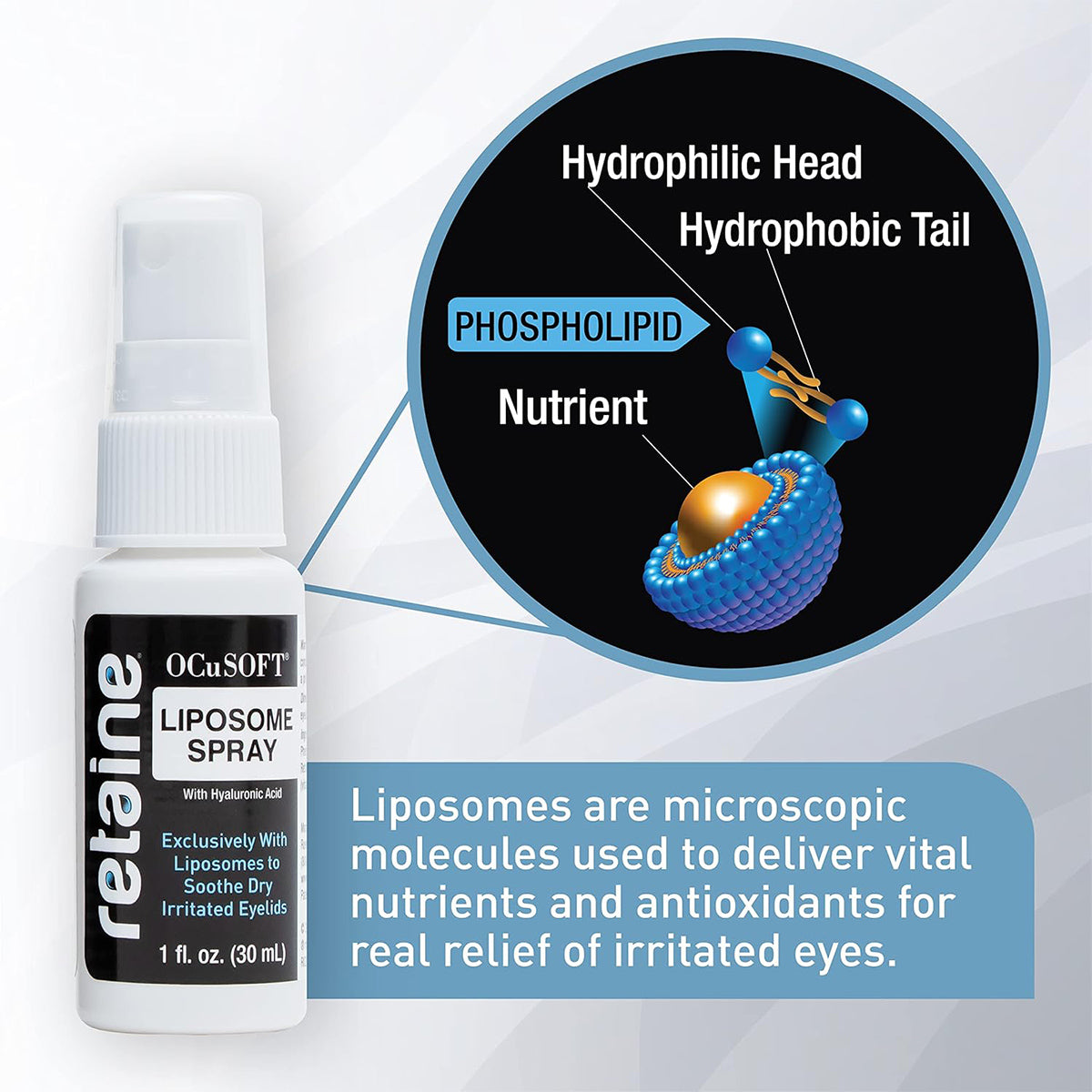 Image of Ocusoft Retaine Liposome Spray (30mL) with a diagram explaining liposome structure, showing the hydrophilic head, hydrophobic tail, and nutrient content. Text describes how these liposomes with HA act as carriers for nutrients to soothe irritated eyelids and support eye health.