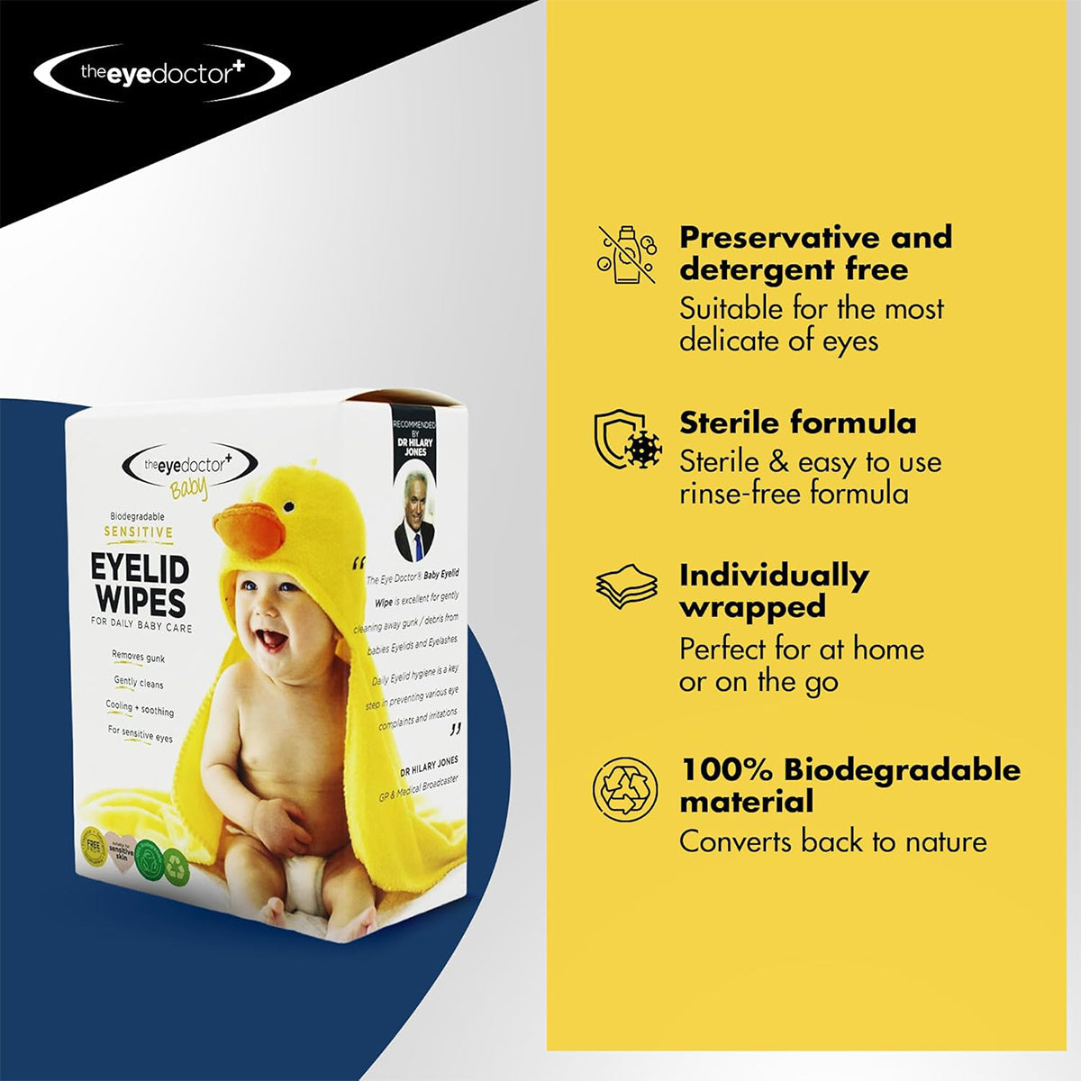 The image shows packaging for The Eye Doctor Sensitive Baby Eye Wipes, preservative-free and sterile, ideal for baby eyelid care. Each wipe is individually wrapped and made from 100% biodegradable materials. A baby in a yellow duck towel is also featured.
