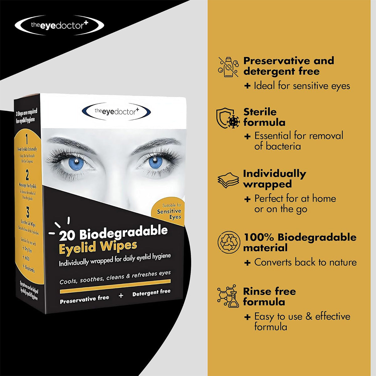 The packaging for The Eye Doctor Biodegradable Eyelid Wipes for Eyelid Cleaning 20ct highlights their hygiene benefits, featuring a preservative-free saline solution, sterile and rinse-free wipes. They are individually wrapped, 100% biodegradable, and the box includes a stylized eye image with clear instructions.