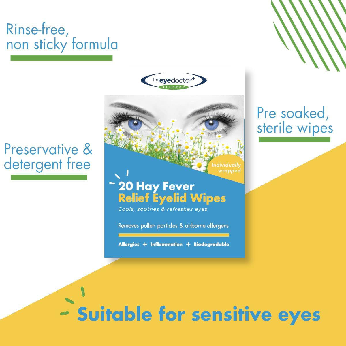 The Eye Doctor Allergy/Hay Fever Relief Eyelid Wipes packaging features open eyes and grass illustrations, highlighting Remove pollen, cools, sterile, suitable for sensitive eyes, ideal for allergy-prone individuals. Made with biodegradable ingredients and designed in green and yellow.