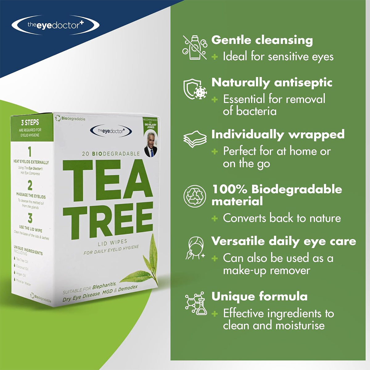The Eye Doctor Tea Tree Oil Lid Wipes for Daily Hygiene and Dry Eyes provide gentle cleansing with antiseptic Tea Tree Oil, ideal for blepharitis and MGD. Individually wrapped in biodegradable material, the box contains 20 wipes suitable for sensitive eyes and versatile daily care.