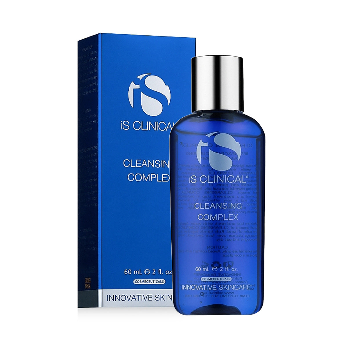 A blue bottle of iS Clinical Cleansing Complex for Resurfacing stands in front of its matching packaging, perfect for sensitive skin. It features silver and white text with a reflective silver cap, reflecting iS Clinicals commitment to innovative skincare.