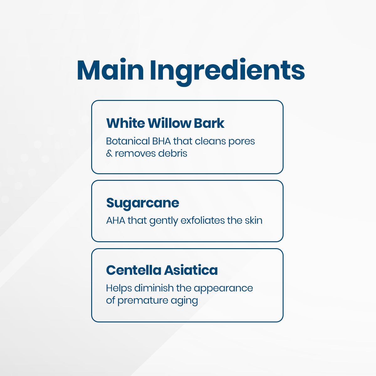 A graphic showcases the key ingredients in iS Clinicals Cleansing Complex: White Willow Bark, Sugarcane, and Centella Asiatica, known for skincare benefits. Ideal for sensitive or blemish-prone skin, it features a light abstract design in the background.