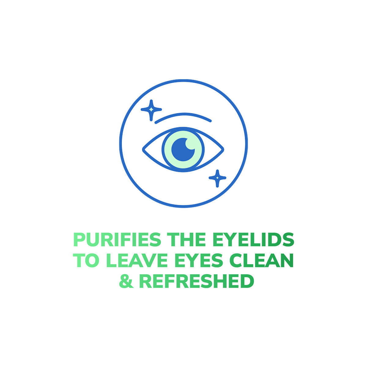 A sparkling eye icon sits above the text: Purifies the eyelids to leave eyes clean & refreshed in a green-to-blue gradient on a white background, promoting preservative-free hygiene with Optase Tea Tree Oil Eye Lid Cleansing Gel (50mL).