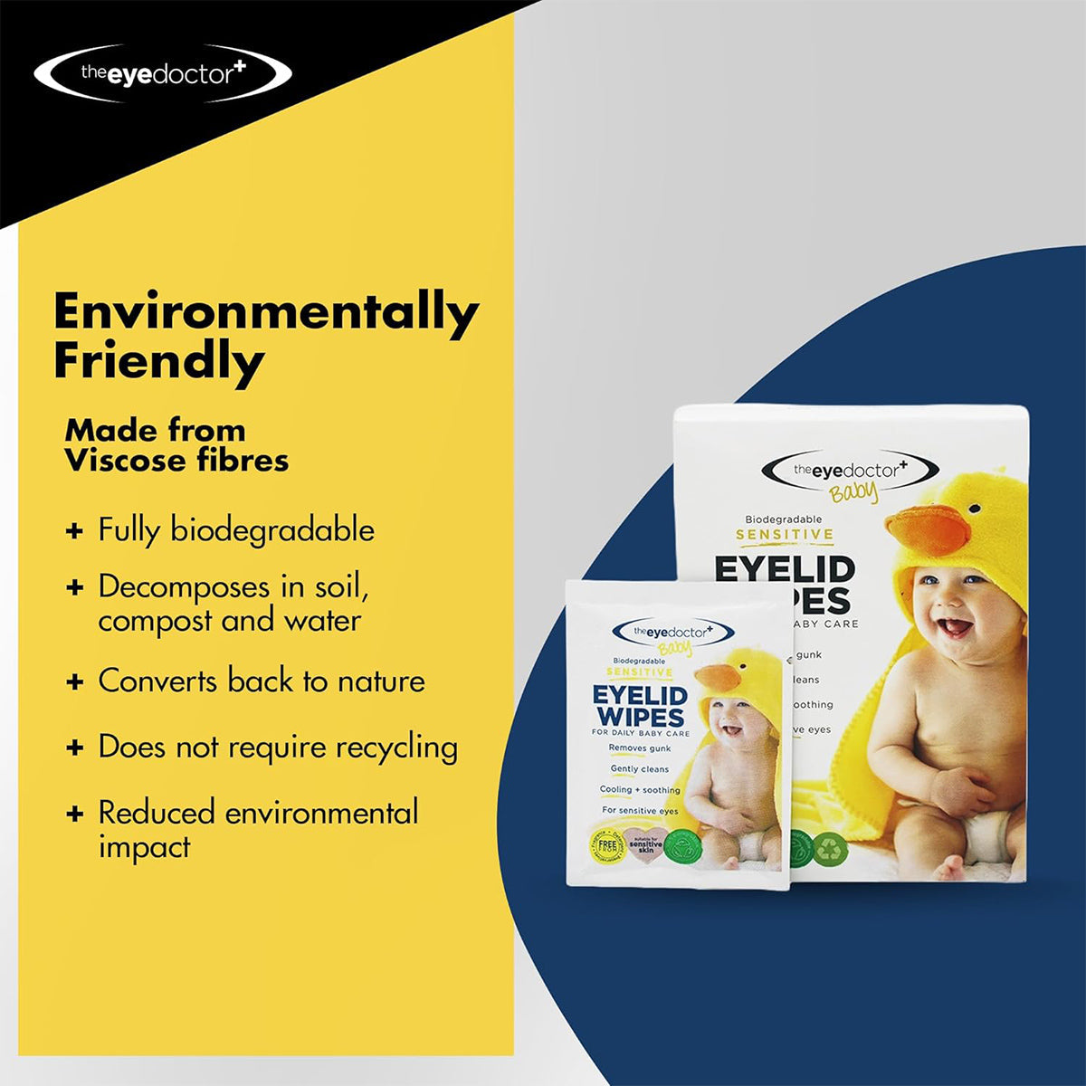 The Eye Doctor Sensitive Baby Eye Wipes packaging shows a smiling baby in a yellow duck hood, emphasizing its biodegradable, preservative-free benefits. Ideal for sensitive eyes, it also helps reduce environmental impact. Available in packs of 20 wipes.