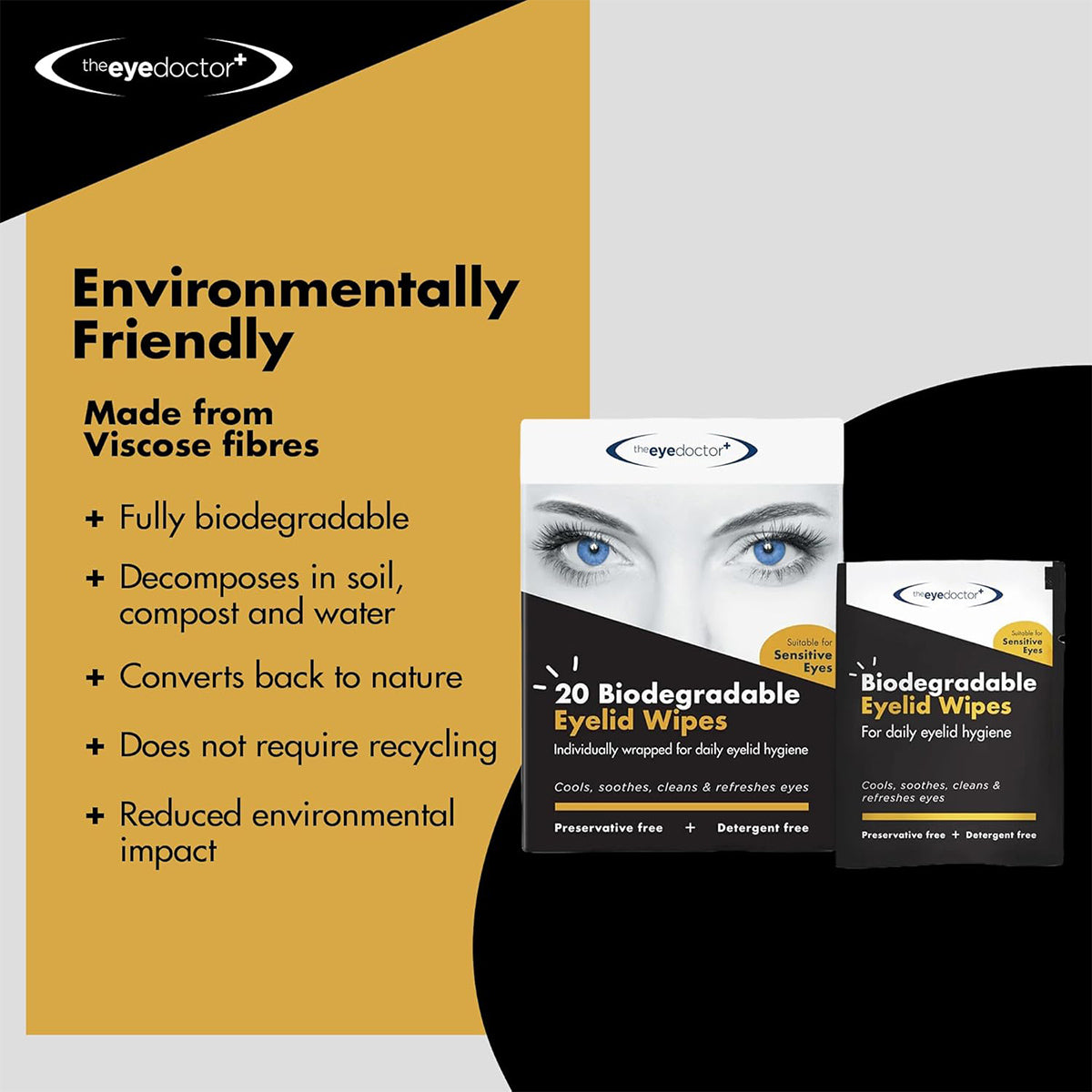 The Eye Doctors Biodegradable Eyelid Wipes for Eyelid Cleaning 20ct highlight their eco-friendly nature; made from viscose fibers, they decompose in soil, compost, and water without recycling. Perfect for eyelid hygiene, they come with a preservative-free saline solution.