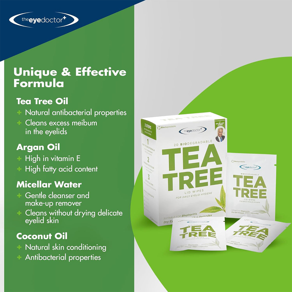 Promotional image for The Eye Doctor Tea Tree Oil Lid Wipes for Daily Hygiene and Dry Eyes (20ct) with a green and white design. Text highlights tea tree, argan, micellar water, coconut oils antibacterial properties for MGD and Blepharitis. The Eye Doctor logo in the top left.