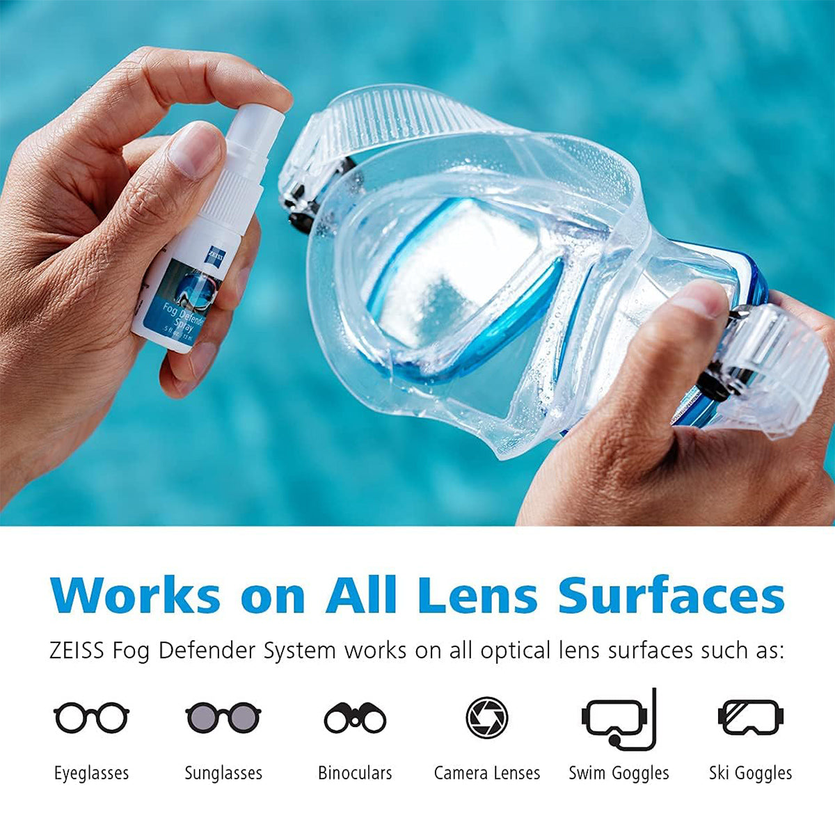 By the pool, a person applies ZEISS Fog Defender System Anti-Fog Spray on swim goggles. This versatile Zeiss product ensures clear vision across glasses, sunglasses, cameras, binoculars, ski goggles, and more.