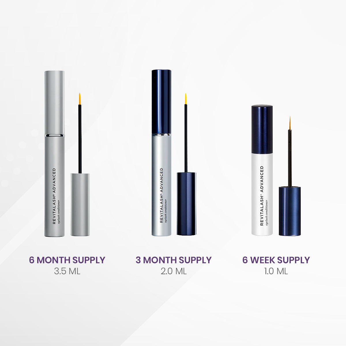 The RevitaLash Advanced Eyelash Conditioner and Enhancing Serum trio features 3 sizes: 3.5 ML for 6 months, 2.0 ML for 3 months, and a 1.0 ML for 6 weeks, each with an applicator brush to promote lush lashes.