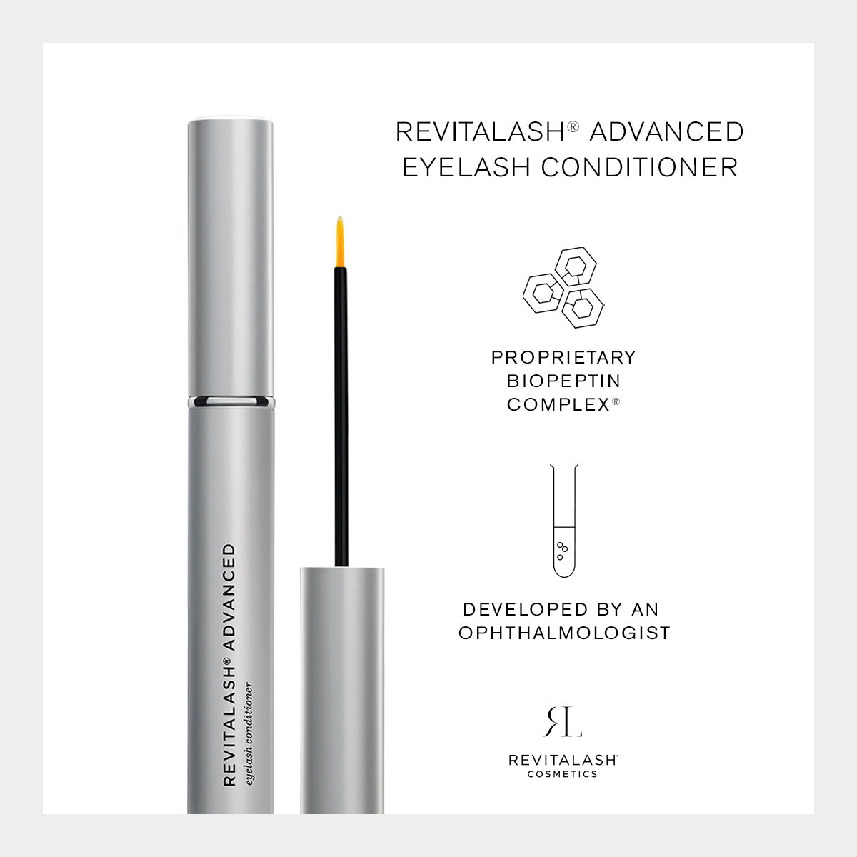 An open silver tube of RevitaLash Advanced Eyelash Conditioner and Enhancing Serum, featuring the BioPeptin Complex. Developed by an ophthalmologist, it displays the RevitaLash logo at the bottom.
