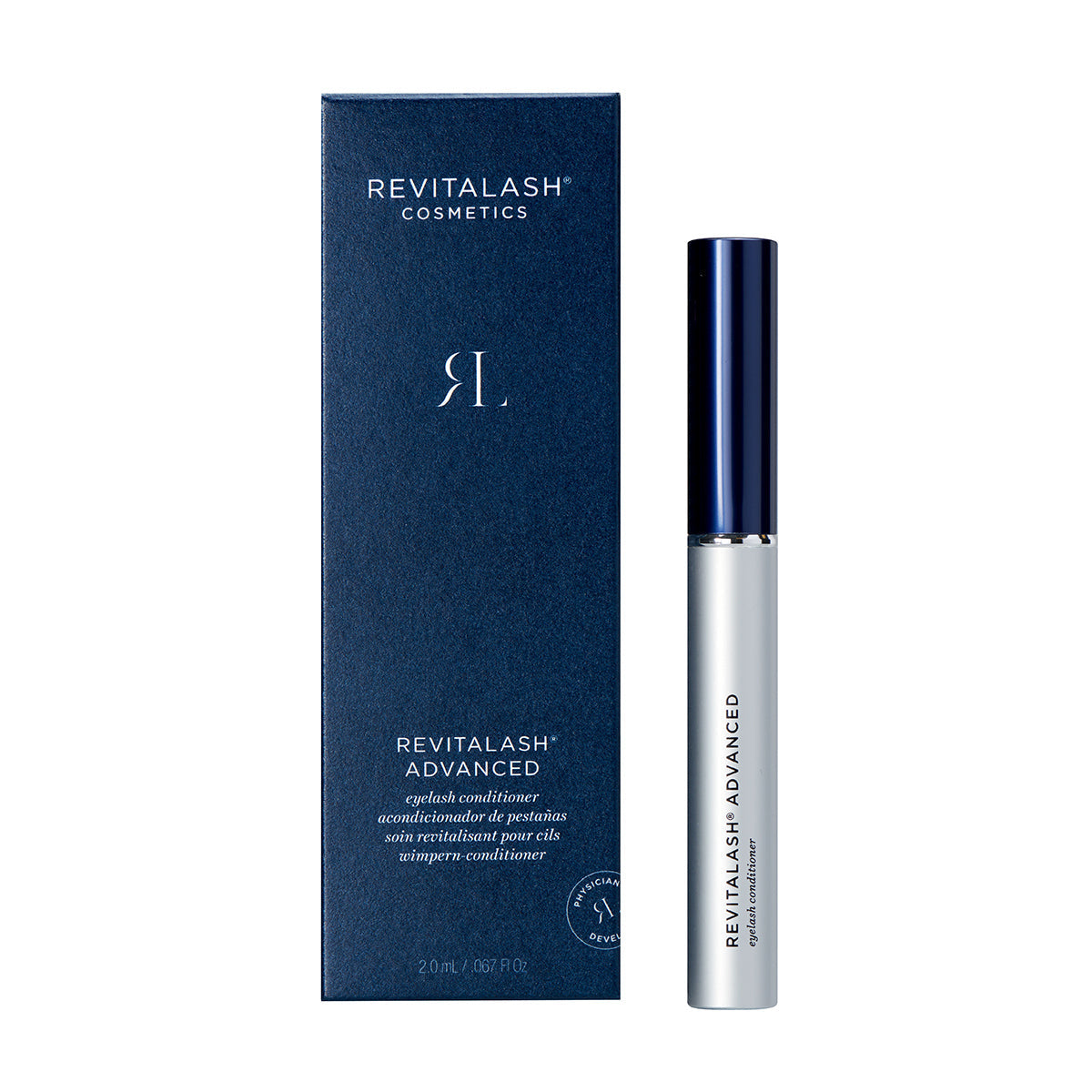 The RevitaLash Advanced Eyelash Conditioner and Enhancing Serum is elegantly presented in a sleek silver tube with a dark blue cap, paired with a matching dark blue box featuring white text that details the product and brand information.